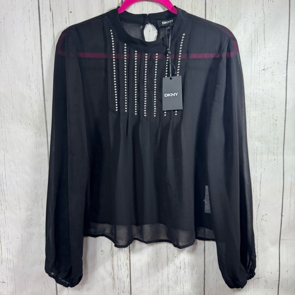 DKNY Womens Black Sheer Blouse Studded Long Sleeve Popover Flowy Witchy Soft